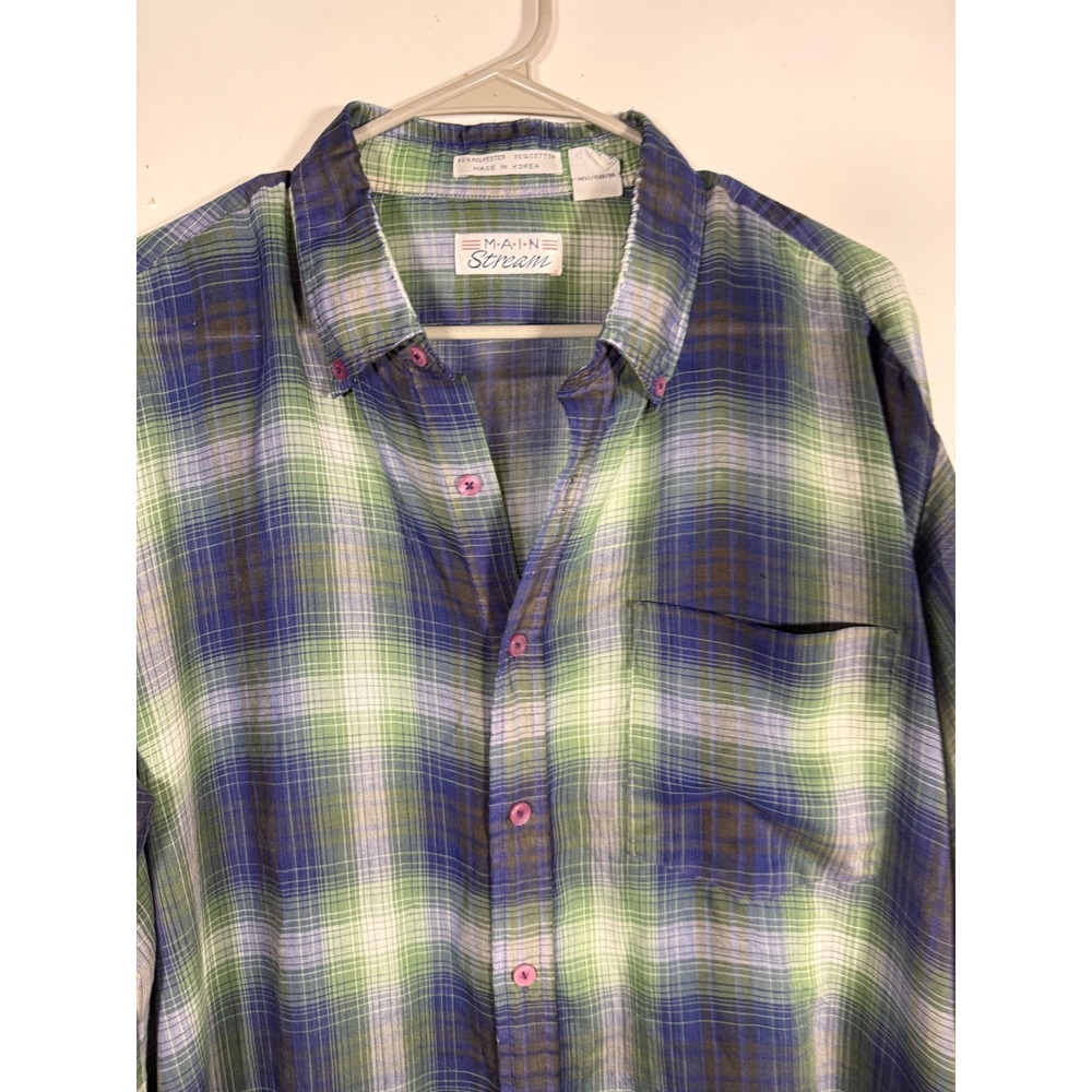 Mainstream Mens Plaid Button Down Shirt Blue Green Long Sleeve XL Korea